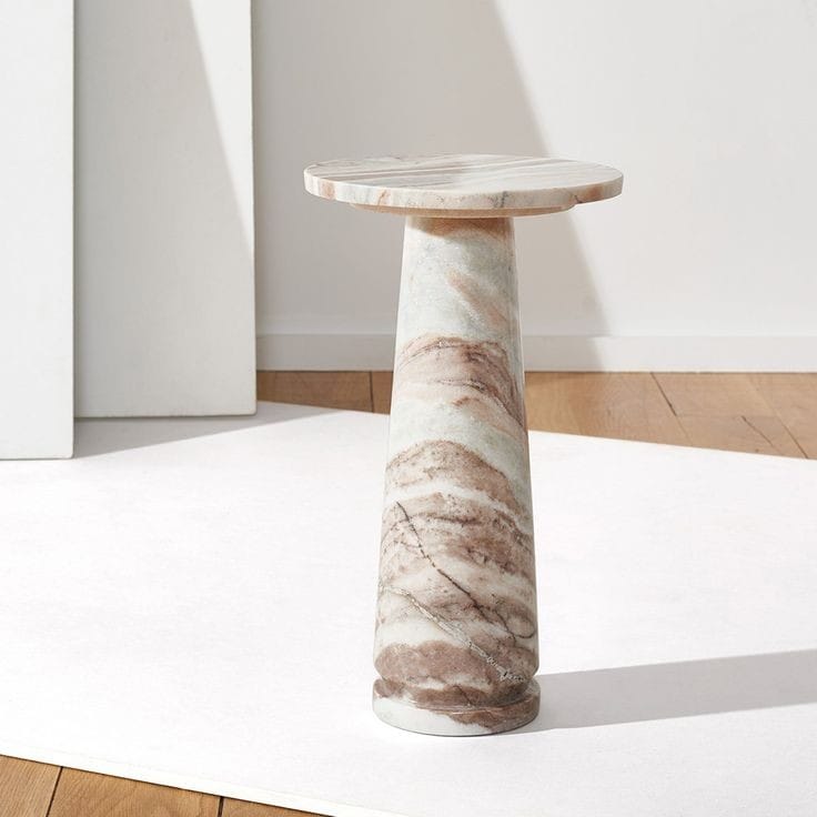 Warm Veined Marble Pedestal Accent Table