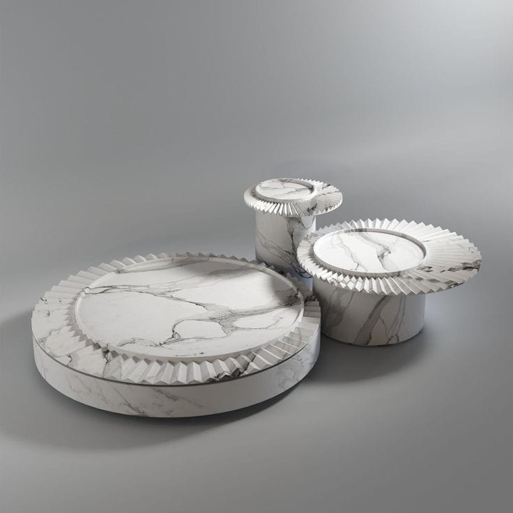Sculptural White Marble Nested Table Set with Fluted Detailing