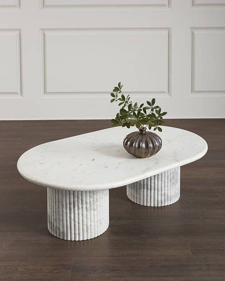 White Marble Elliptical Coffee Table with Fluted Cylindrical Base