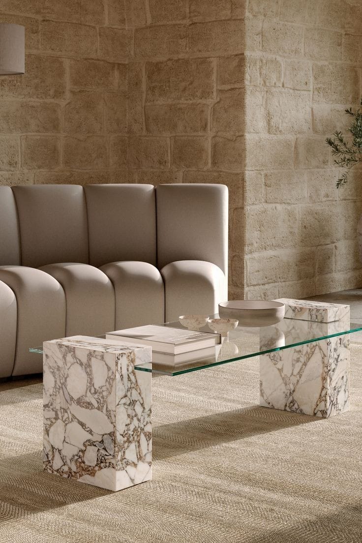 Post-Modern Marble Block Coffee Table with Glass Top