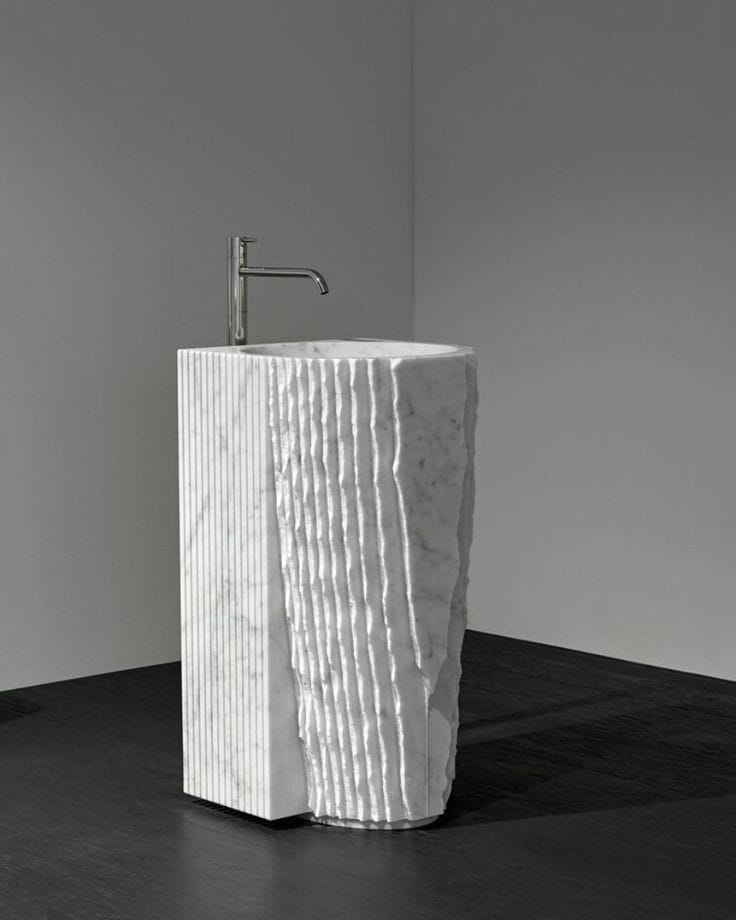 Two-Texture White Marble Pedestal Basin with Fluted and Chiseled Surfaces
