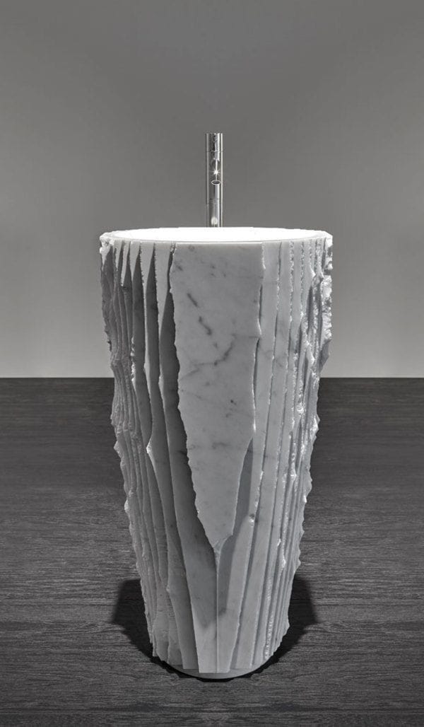 Two-Texture White Marble Pedestal Basin with Fluted and Chiseled Surfaces