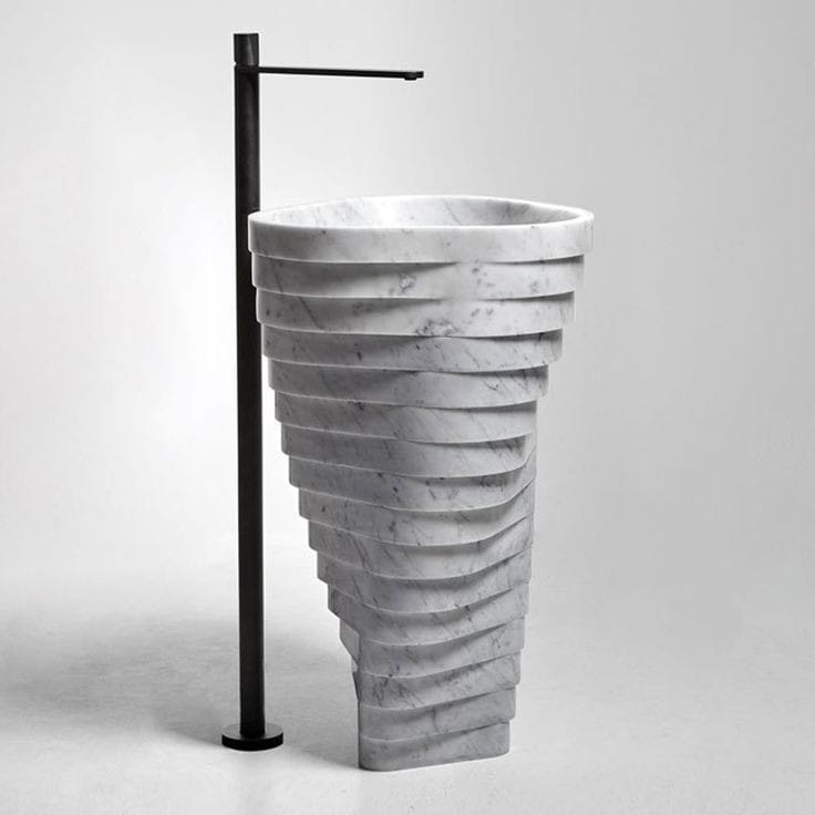 Swirling Tiered White Marble Pedestal Basin