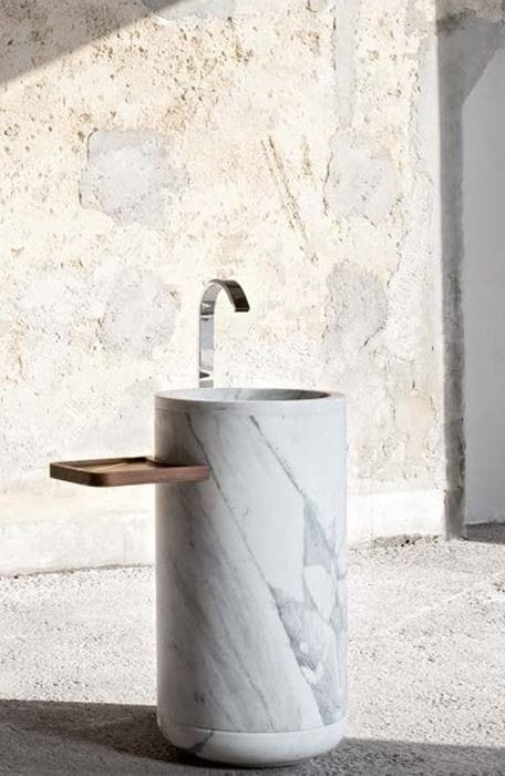 Minimalist Marble Basin with Integrated Wooden Shelf