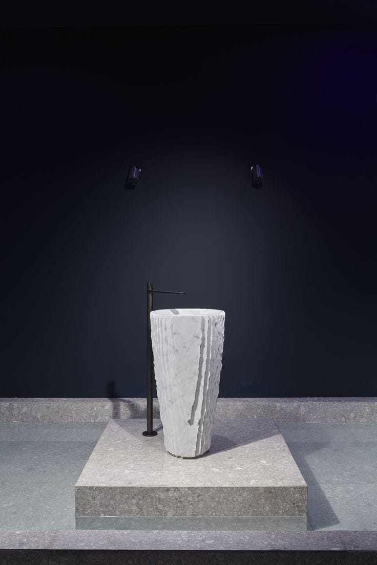 Two-Texture White Marble Pedestal Basin with Fluted and Chiseled Surfaces