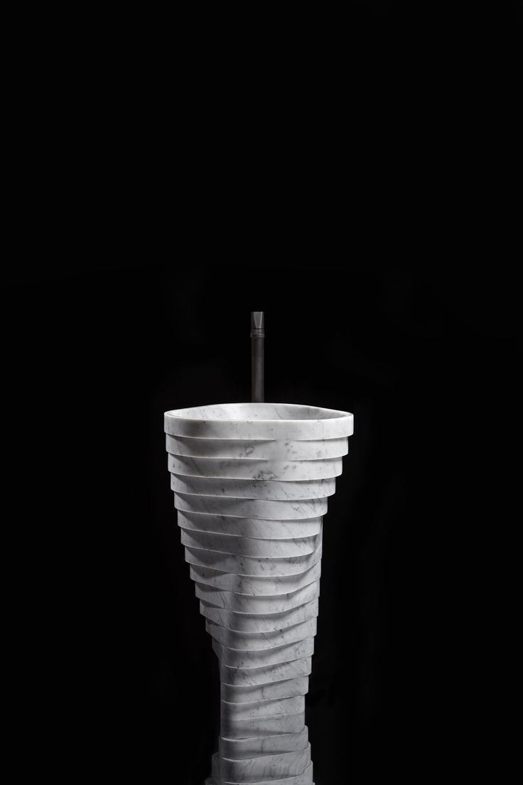 Swirling Tiered White Marble Pedestal Basin
