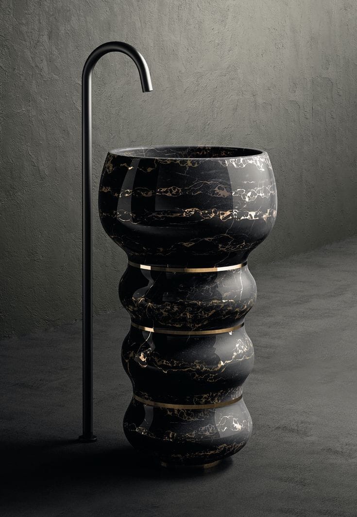 Gold-Accented Black Marble Hourglass Pedestal Basin