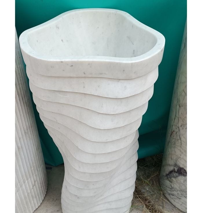 Swirling Tiered White Marble Pedestal Basin