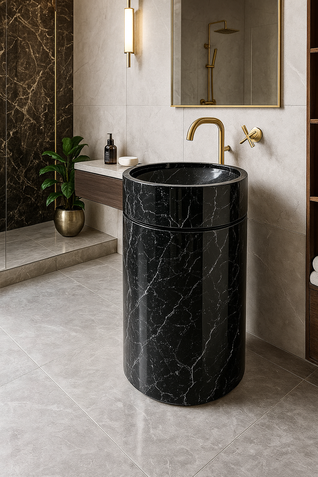 Polished Black Marble Pedestal Basin